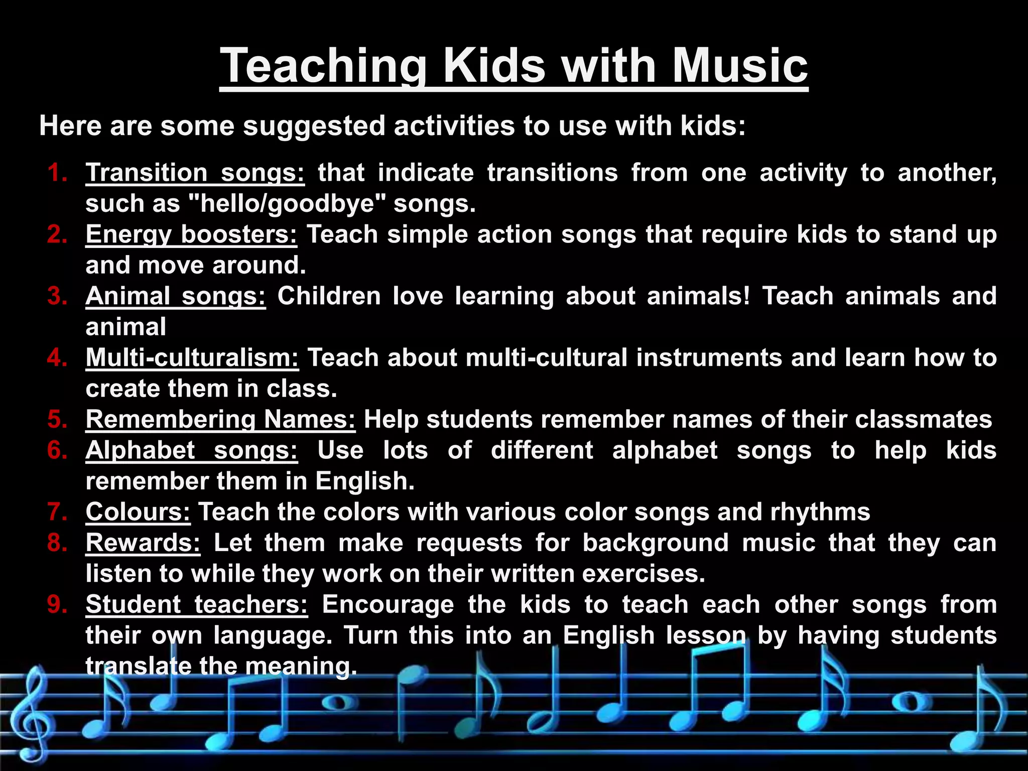  Helps people absorb material"Music stabilizes mental, physical and emotional rhythms to attain a state of deep concentration and focus in which large amounts of content information can be processed and learned."(Chris Brewer, Music and Learning)