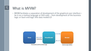 What is MVVM?
› MVVM facilitates a separation of development of the graphical user interface –
be it via a markup language or GUI code – from development of the business
logic or back-end logic (the data model).(2)
 