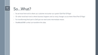 So…What?
› As we know front-end is where our customer encounter our system (Soft Part Of App)
› On other hand back-end is where business happens and so many changes occurs there (Hard Part Of App)
› For transforming Hard part to Soft part we need some intermediate means
› ViewModel(VM) is what can transform this data
 