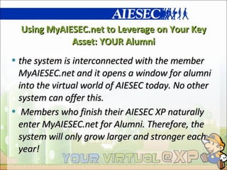 Using MyAIESEC.net to Leverage on Your Key Asset: YOUR Alumni the system is interconnected with the member MyAIESEC.net and it opens a window for alumni into the virtual world of AIESEC today. No other system can offer this. Members who finish their AIESEC XP naturally enter MyAIESEC.net for Alumni. Therefore, the system will only grow larger and stronger each year! 