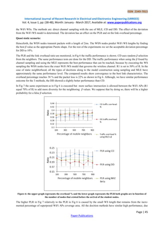 ISSN 2349-7815
International Journal of Recent Research in Electrical and Electronics Engineering (IJRREEE)
Vol. 4, Issue 1, pp: (38-48), Month: January - March 2017, Available at: www.paperpublications.org
Page | 45
Paper Publications
the WiFi WSs. The methods are: direct channel sampling with the use of MLE, CD and DD. The effect of the deviation
from the WiFi WS model is determined. The deviation has an effect on the PLR and on the link overhead percentage.
Quasi static scenario:
Henceforth, the WSN nodes transmit packets with a length of 2ms. The WSN nodes predict WiFi WS lengths by finding
the best β value as the appropriate Pareto shape. For the rest of the experiments we set the acceptable deviation percentage
for DD to 10%.
The PLR and the link overhead ratio are monitored, in Fig 6 the traffic performance is shown. CD uses random β selection
from the neighbors. The same performance tests are done for the DD. The traffic performance when using the β found by
channel sampling and using the MLE represents the best performance that can be reached, because by executing the WS
sampling the WSN nodes have the exact WiFi WS model that governs the wireless channel. R1 is set to 50% of R. In the
case of static neighborhood, all the types of docitions along to the model construction using sampling and MLE have
approximately the same performance level. The compared results show convergence to the best link characteristics. The
overhead percentage reaches 38 % and the packet loss is 22% as shown in Fig 6. Although, we have similar performance
outcome for the 3 methods, the DD showed a slightly better performance than CD.
In Fig 7 the same experiment as in Fig 6 is executed but more surface intersection is allowed between the WiFi APs (R1
equal 70% of R) to add more diversity for the neighboring β values. We suppose that by doing so, there will be a higher
probability for a false β selection.
Figure 6: the upper graph represents the overhead % and the lower graph represents the PLR both graphs are in function of
the number of nodes that existed before the arrival of the student nodes.
The higher PLR in Fig 7 relatively to the PLR in Fig 6 is caused by the small WS length that remains from the incre-
mented percentage of superposed WiFi APs coverage area. All the docition methods have similar high performance, due
 