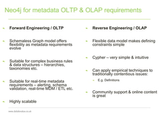 Neo4j for metadata OLTP & OLAP requirements
Architecture
Forward Engineering / OLTP
Schemaless Graph model offers
flexibility as metadata requirements
evolve
Suitable for complex business rules
& data structures – hierarchies,
taxonomies etc.
Suitable for real-time metadata
requirements – alerting, schema
validation, real-time MDM / ETL etc.
Highly scalable
Reverse Engineering / OLAP
Flexible data model makes defining
constraints simple
Cypher – very simple & intuitive
Can apply empirical techniques to
traditionally contentious issues:
E.g. Definitions
Community support & online content
is great
 