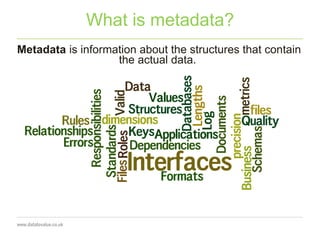 What is metadata?
Metadata is information about the structures that contain
the actual data.
 