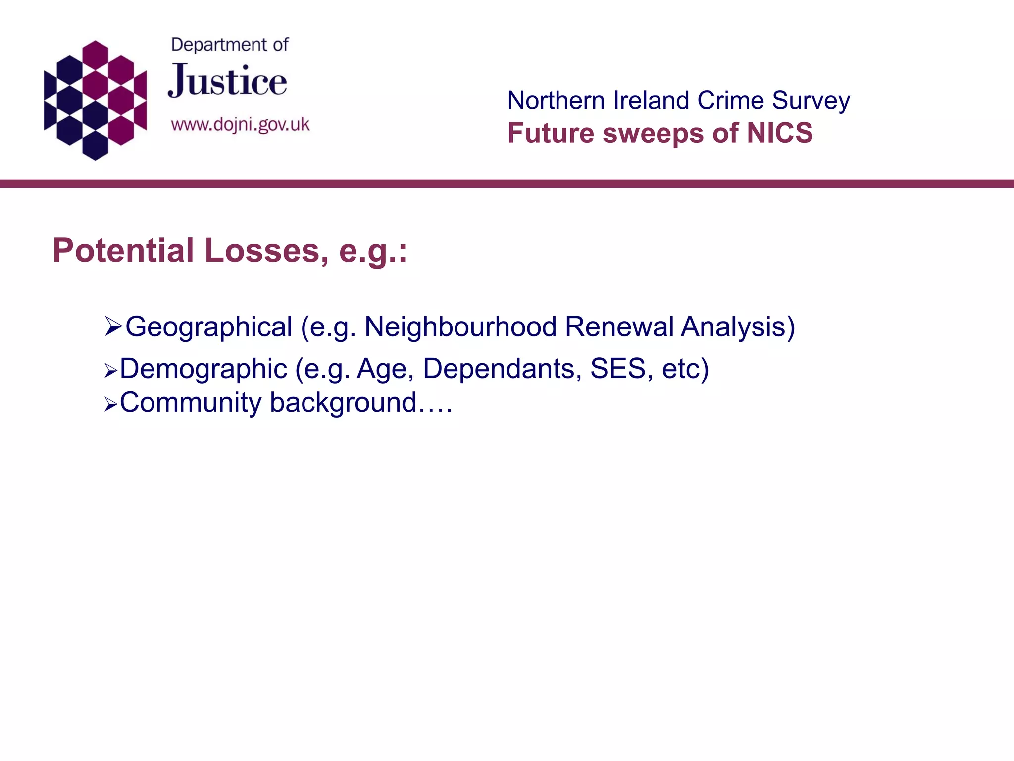 Northern Ireland Crime Survey
Future sweeps of NICS
Potential Losses, e.g.:
Geographical (e.g. Neighbourhood Renewal Analysis)
Demographic (e.g. Age, Dependants, SES, etc)
Community background….
 