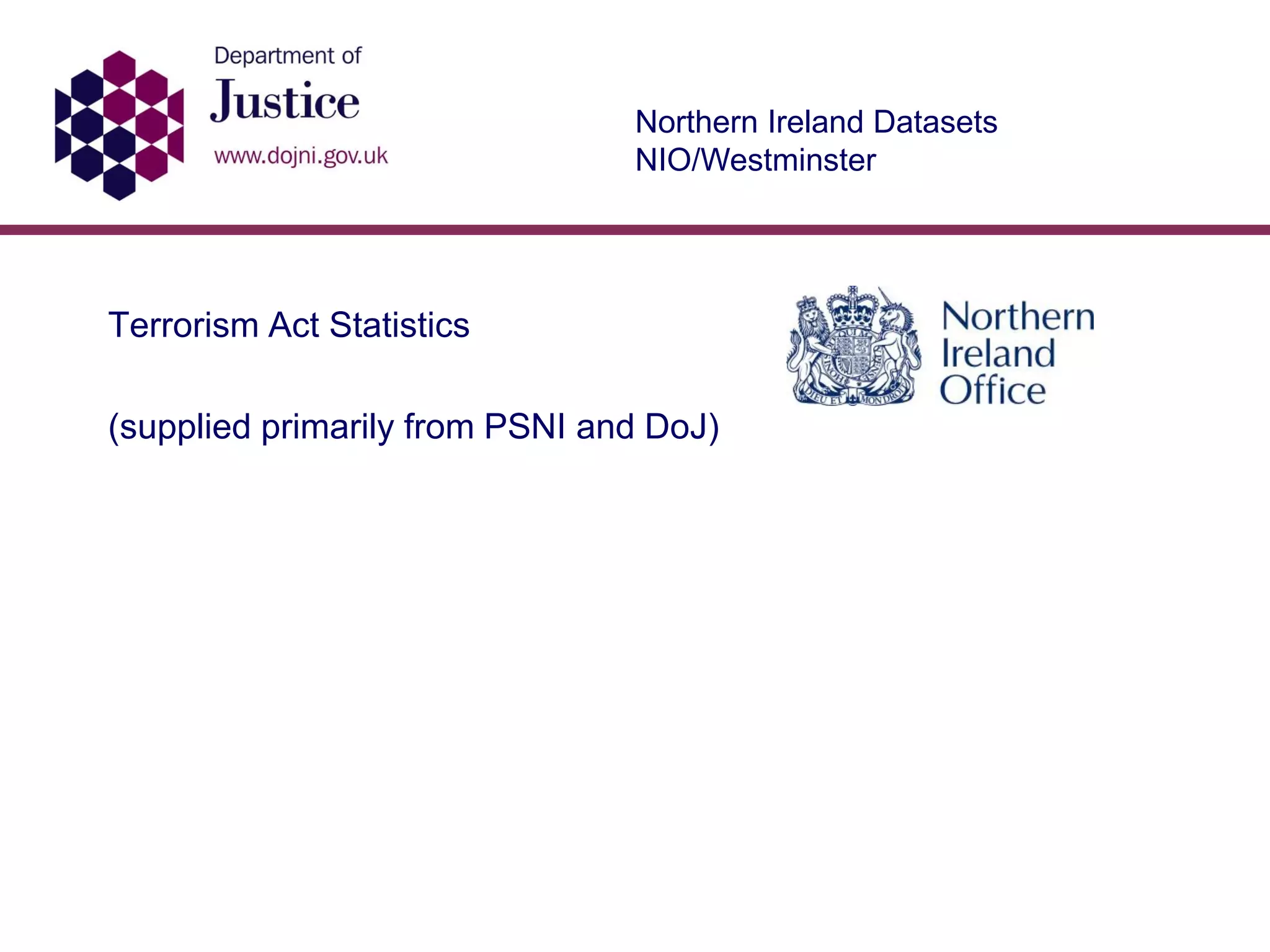 Northern Ireland Datasets
NIO/Westminster
Terrorism Act Statistics
(supplied primarily from PSNI and DoJ)
 
