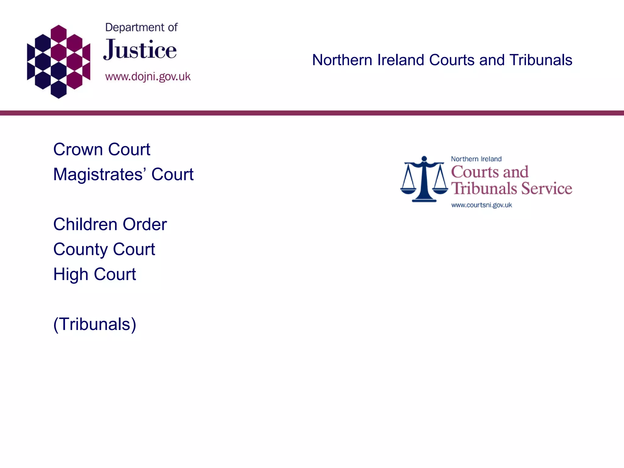 Northern Ireland Courts and Tribunals
Crown Court
Magistrates’ Court
Children Order
County Court
High Court
(Tribunals)
 