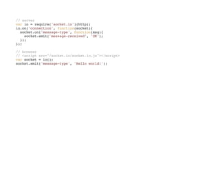 //server
vario=require('socket.io')(http);
io.on('connection',function(socket){
socket.on('message-type',function(msg){
socket.emit('message-received','OK');
});
});
//browser
//<scriptsrc="/socket.io/socket.io.js"></script>
varsocket=io();
socket.emit('message-type','Helloworld!');
 