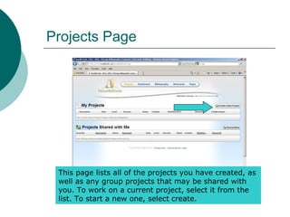 Projects Page
This page lists all of the projects you have created, as
well as any group projects that may be shared with
you. To work on a current project, select it from the
list. To start a new one, select create.
 
