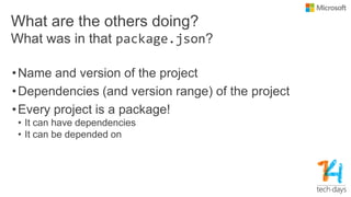 What are the others doing?
•Name and version of the project
•Dependencies (and version range) of the project
•Every project is a package!
• It can have dependencies
• It can be depended on
What was in that package.json?
 