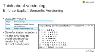 Think about versioning!
• www.semver.org
• SemVer states intentions
• It’s the only way to
avoid dependency
versioning hell.
But not bullet-proof.
Enforce Explicit Semantic Versioning
Major Breaking changes
Minor Backwards compatible changes
e.g. API additions
Patch Bugfixes not affecting the API
<dependency id="ExamplePackage" version="1.3.2" />
1.0 = 1.0 ≤ x
(,1.0] = x ≤ 1.0
(,1.0) = x < 1.0
[1.0] = x == 1.0
(1.0) = invalid
(1.0,) = 1.0 < x
(1.0,2.0) = 1.0 < x < 2.0
[1.0,2.0] = 1.0 ≤ x ≤ 2.0
empty = latest version
 