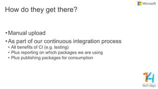 How do they get there?
•Manual upload
•As part of our continuous integration process
• All benefits of CI (e.g. testing)
• Plus reporting on which packages we are using
• Plus publishing packages for consumption
 