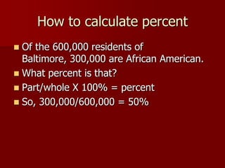 How to calculate percentOf the 600,000 residents of Baltimore, 300,000 are African American.What percent is that?Part/whole X 100% = percentSo, 300,000/600,000 = 50%