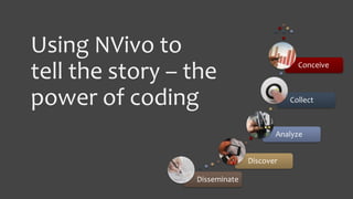 Using NVivo to
tell the story – the
power of coding
Disseminate
Discover
Analyze
Collect
Conceive
 