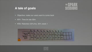 A tale of goals
• Objective: make our users want to come back!
• KR1: Time 0n site 30m!
• KR2: Retention 20%/mo, 30% week 1
 