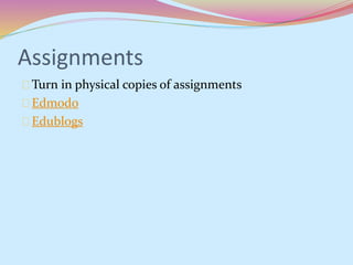 Assignments 
Turn in physical copies of assignments 
Edmodo 
Edublogs 
 