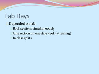 Lab Days 
Depended on lab 
Both sections simultaneously 
One section on one day/week (~training) 
In class splits 
 