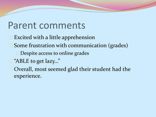 Parent comments 
Excited with a little apprehension 
Some frustration with communication (grades) 
Despite access to online grades 
“ABLE to get lazy…” 
Overall, most seemed glad their student had the 
experience. 
 