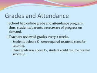 Grades and Attendance 
School had online grade and attendance program; 
thus, students/parents were aware of progress on 
demand. 
Teachers reviewed grades every 2 weeks. 
Students below a C- were required to attend class for 
tutoring. 
Once grade was above C-, student could resume normal 
schedule. 
 