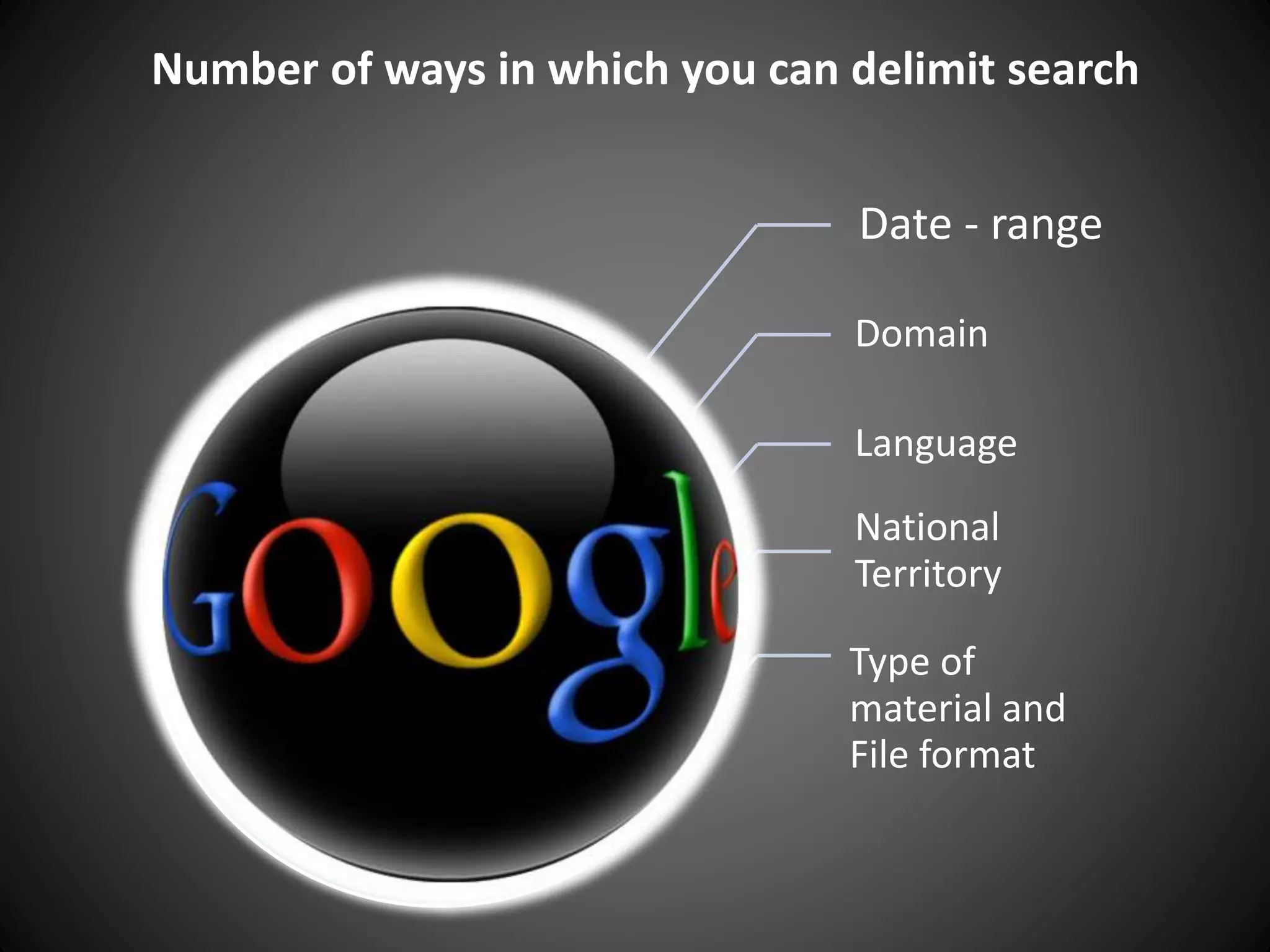 Date - range
Domain
Language
National
Territory
Type of
material and
File format
Number of ways in which you can delimit search
 