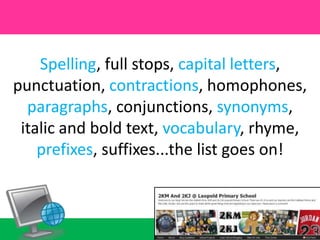 Spelling, full stops, capital letters, punctuation, contractions, homophones, paragraphs, conjunctions, synonyms, italic and bold text, vocabulary, rhyme, prefixes, suffixes...the list goes on!