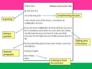 Complimenting the postA greetingAsking a questionAdding extrainformationSeparate paragraphsA closing to finish the comment