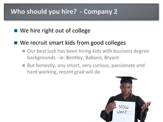 Who should you hire? - Company 2
 We hire right out of college
 We recruit smart kids from good colleges
 Our best luck has been hiring kids with business degree
backgrounds - ie: Bentley, Babson, Bryant
 But honestly, any smart, very curious, passionate and
hard working, recent grad will do
 