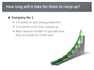 How long will it take for them to ramp up?
 Company No 1.
 2-4 weeks to start being productive
 2-3 months to be fully ramped up
 After about 6 months it's possible that
they are ready for inside sales
 