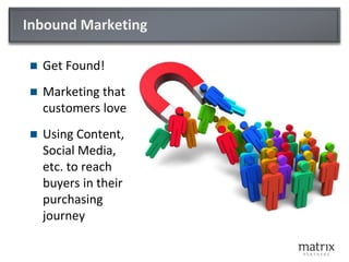 Inbound Marketing
 Get Found!
 Marketing that
customers love
 Using Content,
Social Media,
etc. to reach
buyers in their
purchasing
journey
 