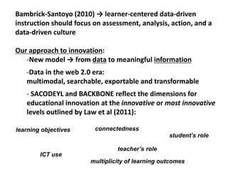 Bambrick-Santoyo (2010) → learner-centered data-driven
instruction should focus on assessment, analysis, action, and a
data-driven culture
Our approach to innovation:
-New model → from data to meaningful information
-Data in the web 2.0 era:
multimodal, searchable, exportable and transformable
- SACODEYL and BACKBONE reflect the dimensions for
educational innovation at the innovative or most innovative
levels outlined by Law et al (2011):
learning objectives
student’s role
teacher’s role
ICT use
connectedness
multiplicity of learning outcomes
 
