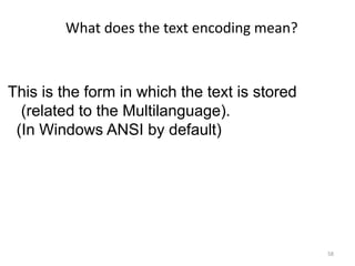 58
This is the form in which the text is stored
(related to the Multilanguage).
(In Windows ANSI by default)
What does the text encoding mean?
 