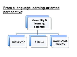 From a language learning-oriented
perspective:
Versatility &
learning
potential
AUTHENTIC 4 SKILLS AWARENESS
RAISING
 