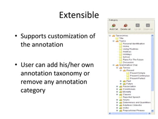 70
Extensible
• Supports customization of
the annotation
• User can add his/her own
annotation taxonomy or
remove any annotation
category
 