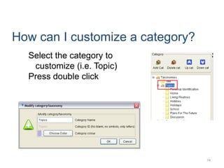 74
How can I customize a category?
Select the category to
customize (i.e. Topic)
Press double click
 