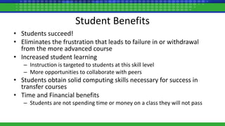 Student Benefits
• Students succeed!
• Eliminates the frustration that leads to failure in or withdrawal
from the more advanced course
• Increased student learning
– Instruction is targeted to students at this skill level
– More opportunities to collaborate with peers
• Students obtain solid computing skills necessary for success in
transfer courses
• Time and Financial benefits
– Students are not spending time or money on a class they will not pass
 