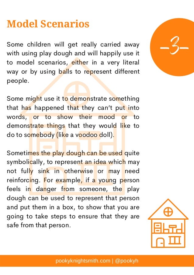 Some children will get really carried away
with using play dough and will happily use it
to model scenarios, either in a very literal
way or by using balls to represent different
people.
Some might use it to demonstrate something
that has happened that they can’t put into
words, or to show their mood or to
demonstrate things that they would like to
do to somebody (like a voodoo doll).
Sometimes the play dough can be used quite
symbolically, to represent an idea which may
not fully sink in otherwise or may need
reinforcing. For example, if a young person
feels in danger from someone, the play
dough can be used to represent that person
and put them in a box, to show that you are
going to take steps to ensure that they are
safe from that person.
pookyknightsmith.com | @pookyh
Model Scenarios
-3-
 