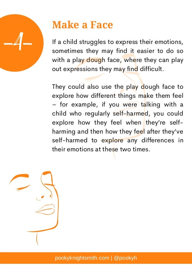 If a child struggles to express their emotions,
sometimes they may find it easier to do so
with a play dough face, where they can play
out expressions they may find difficult.
They could also use the play dough face to
explore how different things make them feel
– for example, if you were talking with a
child who regularly self-harmed, you could
explore how they feel when they’re self-
harming and then how they feel after they’ve
self-harmed to explore any differences in
their emotions at these two times.
pookyknightsmith.com | @pookyh
Make a Face
-4-
 