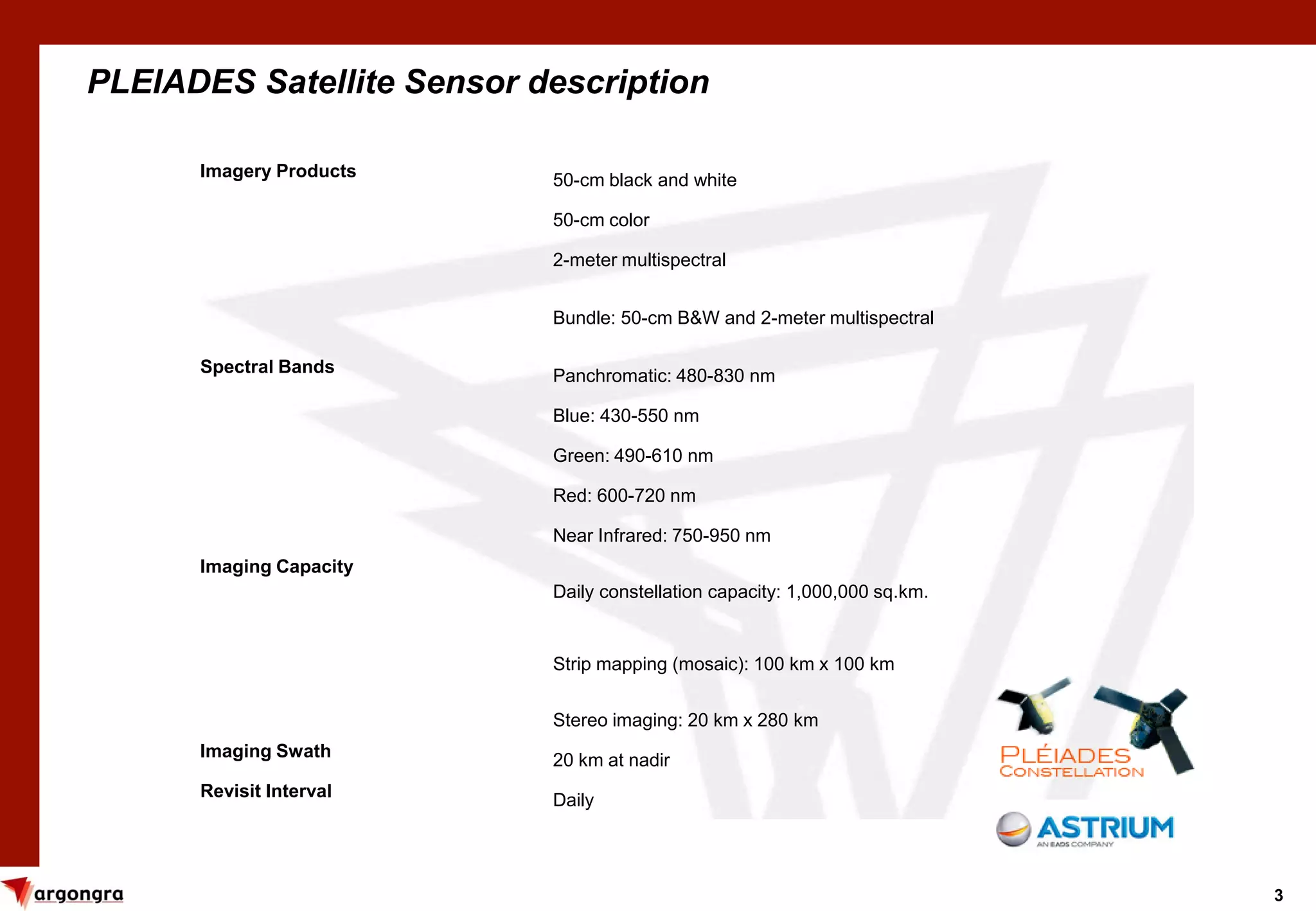 3
PLEIADES Satellite Sensor description
Imagery Products 50-cm black and white
50-cm color
2-meter multispectral
Bundle: 50-cm B&W and 2-meter multispectral
Spectral Bands Panchromatic: 480-830 nm
Blue: 430-550 nm
Green: 490-610 nm
Red: 600-720 nm
Near Infrared: 750-950 nm
Imaging Capacity
Daily constellation capacity: 1,000,000 sq.km.
Strip mapping (mosaic): 100 km x 100 km
Stereo imaging: 20 km x 280 km
Imaging Swath 20 km at nadir
Revisit Interval Daily
 