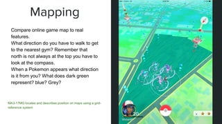 Mapping
MA3-17MG locates and describes position on maps using a grid-
reference system
5
35
Compare online game map to real
features.
What direction do you have to walk to get
to the nearest gym? Remember that
north is not always at the top you have to
look at the compass.
When a Pokemon appears what direction
is it from you? What does dark green
represent? blue? Grey?
22
 