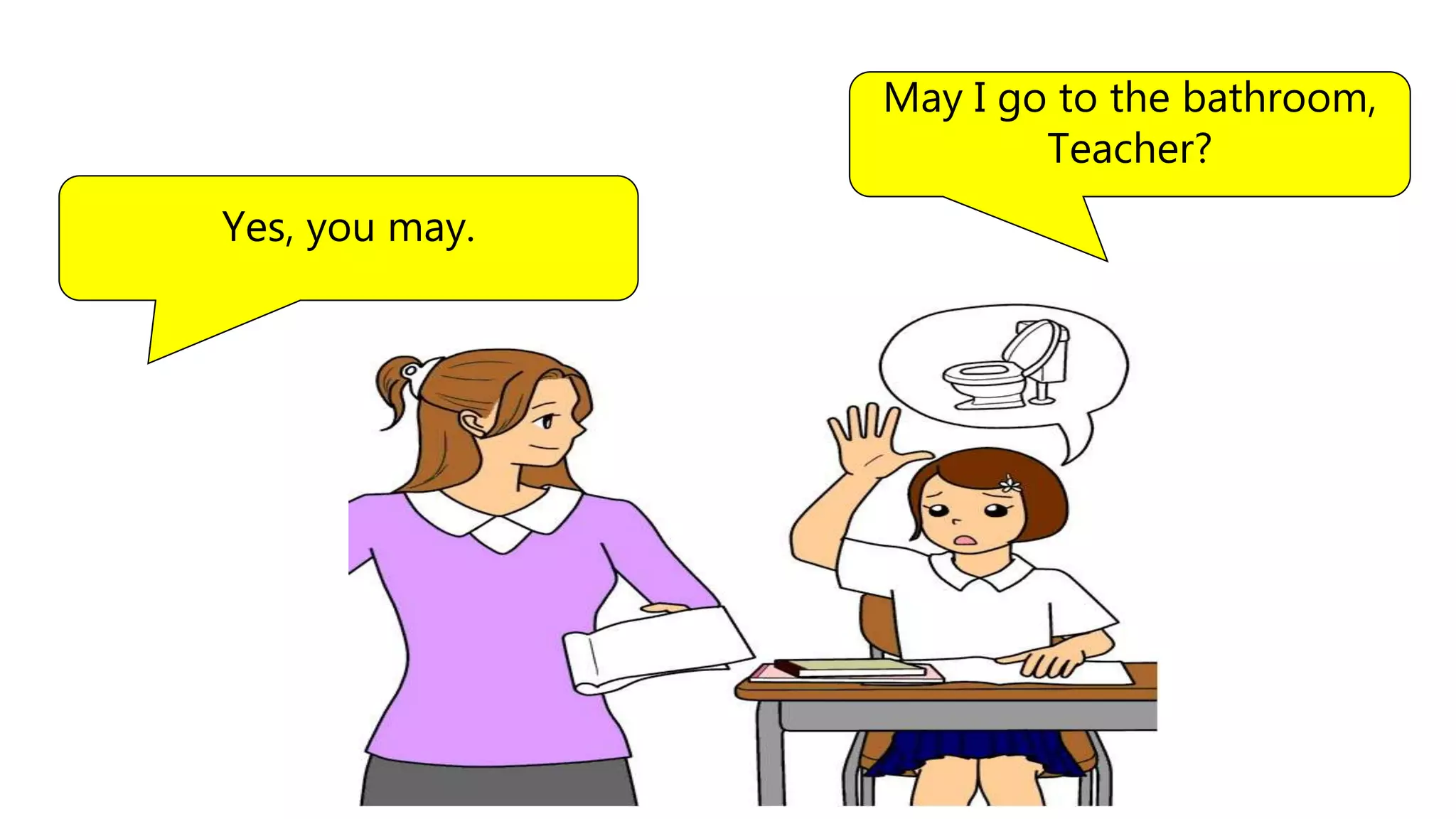 May I go to the bathroom,
Teacher?
Yes, you may.