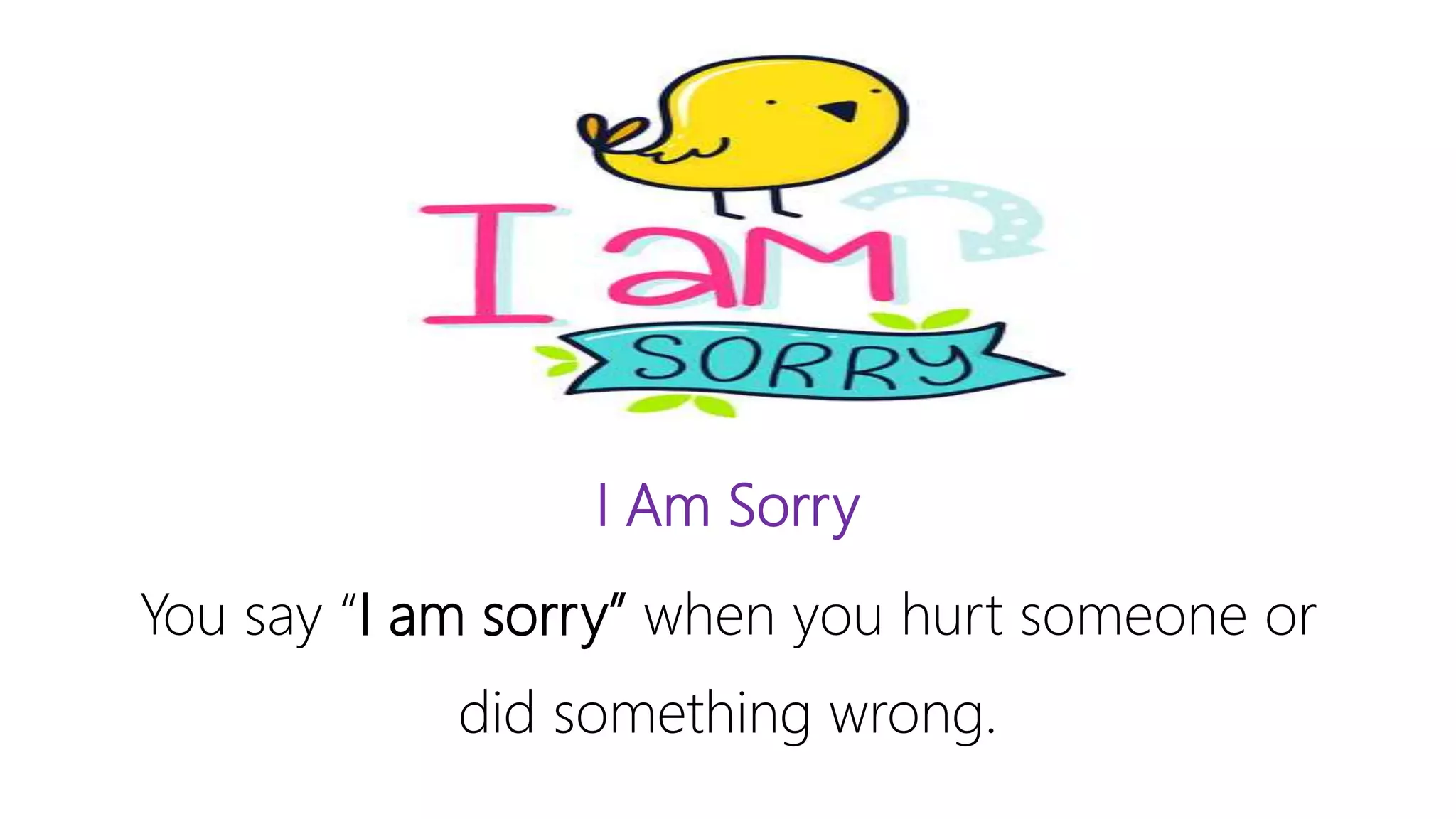 I Am Sorry
You say “I am sorry” when you hurt someone or
did something wrong.