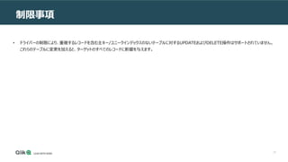 73
制限事項
• ドライバーの制限により、重複するレコードを含む主キー/ユニークインデックスのないテーブルに対するUPDATEおよびDELETE操作はサポートされていません。
これらのテーブルに変更を加えると、ターゲットのすべてのレコードに影響を与えます。
 