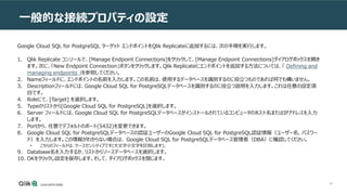 89
一般的な接続プロパティの設定
Google Cloud SQL for PostgreSQL ターゲット エンドポイントをQlik Replicateに追加するには、次の手順を実行します。
1. Qlik Replicate コンソールで、[Manage Endpoint Connections]をクリックして、[Manage Endpoint Connections]ダイアログボックスを開き
ます。次に、「New Endpoint Connection」ボタンをクリックします。Qlik Replicateにエンドポイントを追加する方法については、「 Defining and
managing endpoints 」を参照してください。
2. Nameフィールドに、エンドポイントの名前を入力します。この名前は、使用するデータベースを識別するのに役立つものであれば何でも構いません。
3. Descriptionフィールドには、Google Cloud SQL for PostgreSQLデータベースを識別するのに役立つ説明を入力します。これは任意の設定項
目です。
4. Roleにて、[Target] を選択します。
5. Typeのリストから[Google Cloud SQL for PostgreSQL]を選択します。
6. Server フィールドには、Google Cloud SQL for PostgreSQLデータベースがインストールされているコンピュータのホスト名またはIPアドレスを入力
します。
7. Portから、任意でデフォルトのポート(5432)を変更できます。
8. Google Cloud SQL for PostgreSQLデータベースの認証ユーザーのGoogle Cloud SQL for PostgreSQL認証情報（ユーザー名、パスワー
ド）を入力します。この情報がわからない場合は、 Google Cloud SQL for PostgreSQLデータベース管理者（DBA）に確認してください。
• こちらのフィールドは、ケースセンシティブです(大文字小文字を区別します)。
9. Database名を入力するか、リストからソースデータベースを選択します。
10. OKをクリックし設定を保存します。そして、ダイアログボックスを閉じます。
 