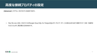 91
高度な接続プロパティの設定
[Advanced ] タブでは、次のプロパティを設定できます。
• Max file size (KB): CSVファイルがGoogle Cloud SQL for PostgreSQLのターゲットデータベースに読み込まれるまでの最大サイズ（KB）を選択ま
たは入力します。既定値は32000KBです。
 