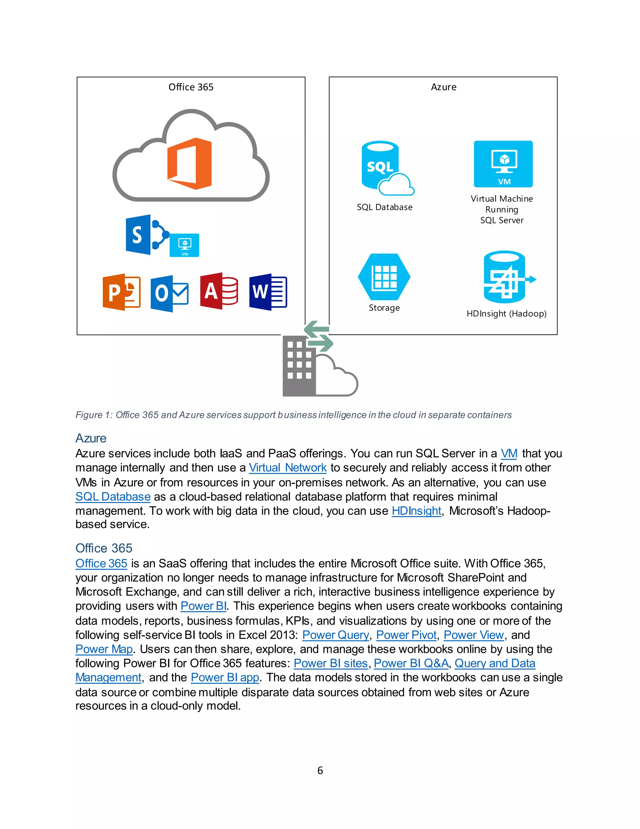 6
Office 365 Azure
Storage
HDInsight (Hadoop)
Virtual Machine
Running
SQL Server
SQL Database
Figure 1: Office 365 and Azure services support business intelligence in the cloud in separate containers
Azure
Azure services include both IaaS and PaaS offerings. You can run SQL Server in a VM that you
manage internally and then use a Virtual Network to securely and reliably access it from other
VMs in Azure or from resources in your on-premises network. As an alternative, you can use
SQL Database as a cloud-based relational database platform that requires minimal
management. To work with big data in the cloud, you can use HDInsight, Microsoft’s Hadoop-
based service.
Office 365
Office 365 is an SaaS offering that includes the entire Microsoft Office suite. With Office 365,
your organization no longer needs to manage infrastructure for Microsoft SharePoint and
Microsoft Exchange, and can still deliver a rich, interactive business intelligence experience by
providing users with Power BI. This experience begins when users create workbooks containing
data models, reports, business formulas, KPIs, and visualizations by using one or more of the
following self-service BI tools in Excel 2013: Power Query, Power Pivot, Power View, and
Power Map. Users can then share, explore, and manage these workbooks online by using the
following Power BI for Office 365 features: Power BI sites, Power BI Q&A, Query and Data
Management, and the Power BI app. The data models stored in the workbooks can use a single
data source or combine multiple disparate data sources obtained from web sites or Azure
resources in a cloud-only model.
 