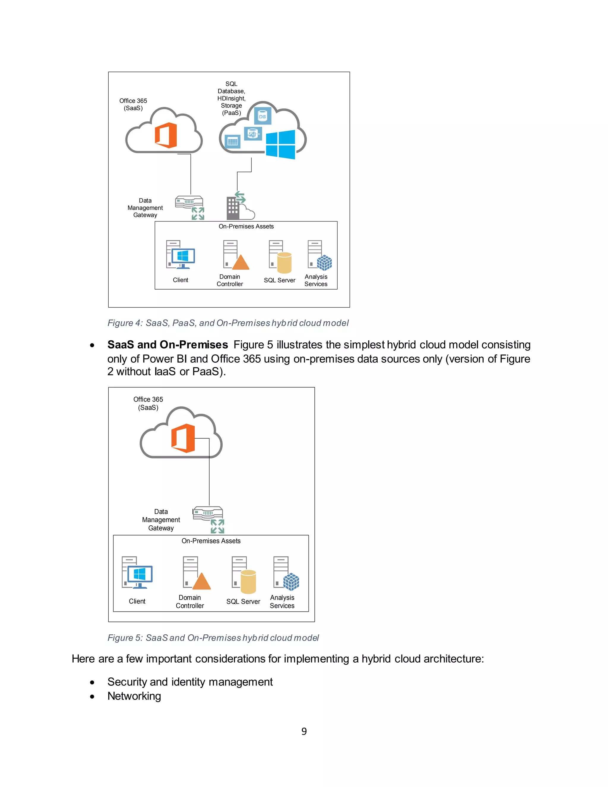 9
On-Premises Assets
Domain
Controller
Data
Management
Gateway
Office 365
(SaaS)
Client SQL Server
Analysis
Services
SQL
Database,
HDInsight,
Storage
(PaaS)
Figure 4: SaaS, PaaS, and On-Premises hybrid cloud model
 SaaS and On-Premises Figure 5 illustrates the simplest hybrid cloud model consisting
only of Power BI and Office 365 using on-premises data sources only (version of Figure
2 without IaaS or PaaS).
On-Premises Assets
Domain
Controller
Data
Management
Gateway
Office 365
(SaaS)
Client SQL Server
Analysis
Services
Figure 5: SaaS and On-Premises hybrid cloud model
Here are a few important considerations for implementing a hybrid cloud architecture:
 Security and identity management
 Networking
 