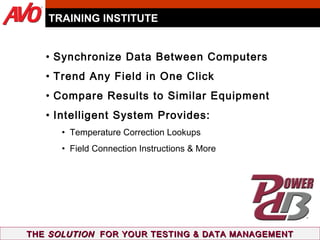 TRAINING INSTITUTE Synchronize Data Between Computers Trend Any Field in One Click Compare Results to Similar Equipment Intelligent System Provides: Temperature Correction Lookups Field Connection Instructions & More  THE  SOLUTION   FOR YOUR TESTING & DATA MANAGEMENT 