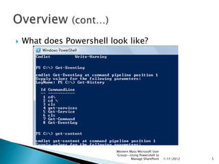    What does Powershell look like?




                           Western Mass Microsoft User
                           Group--Using Powershell to
                                    Manage SharePoint    1/11/2012   5
 