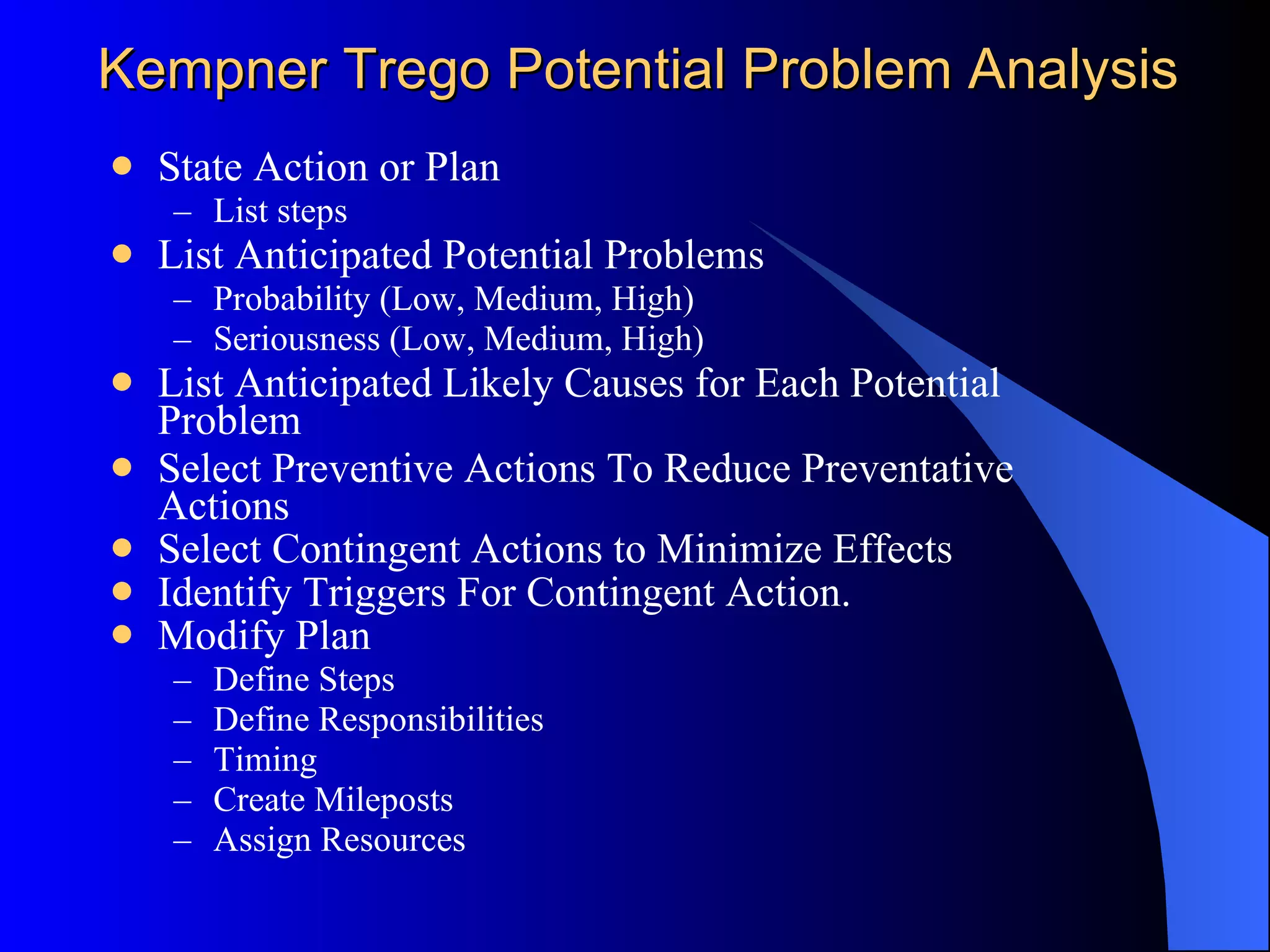 Kepner-Tregoe Potential Problem Analysis State Action or Plan List steps List Anticipated Potential Problems Probability (Low, Medium, High) Seriousness (Low, Medium, High) List Anticipated Likely Causes for Each Potential Problem Select Preventive Actions To Reduce Preventative Actions Select Contingent Actions to Minimize Effects Identify Triggers For Contingent Action. Modify Plan Define Steps Define Responsibilities Timing Create Mileposts Assign Resources 