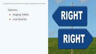 | Using Processes and Timers for Long Running Asynchronous Tasks
Options:
● Staging Tables
● Live Queries
 