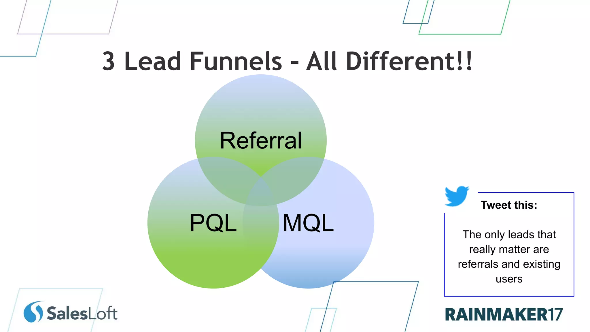 3 Lead Funnels – All Different!!
Tweet this:
The only leads that
really matter are
referrals and existing
users
Referral
MQLPQL
 